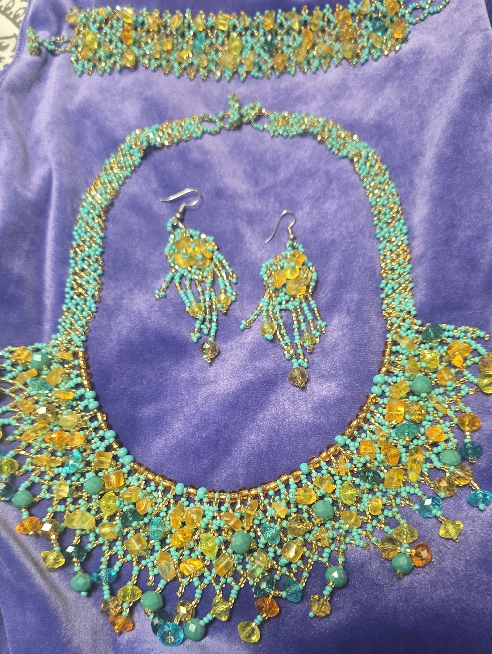 Turquoise & Amber Beaded Statement Necklace and Earring Set - Women Jewelry